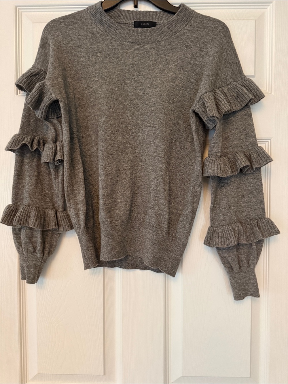 J. Crew Heather Gray Ruffle-Sleeve Crewneck Sweater